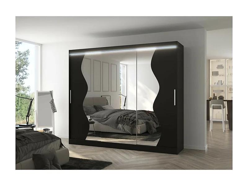 Kleiderschrank Haro (250cm)/Schiebetüren/LED/Spiegel/Schwarz