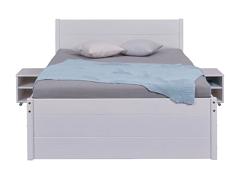 Lit multi-rangements 160x200cm en pin massif coloris blanc - longueur 209 x profondeur 166 x hauteur 90 cm