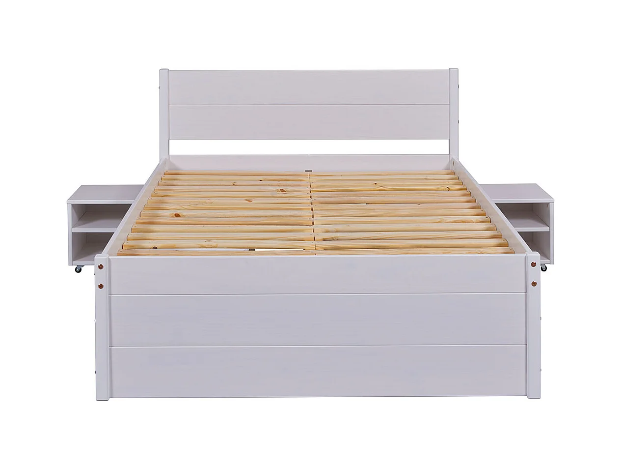 Lit multi-rangements 180x200cm en pin massif coloris blanc - longueur 209 x profondeur 186 x hauteur 90 cm