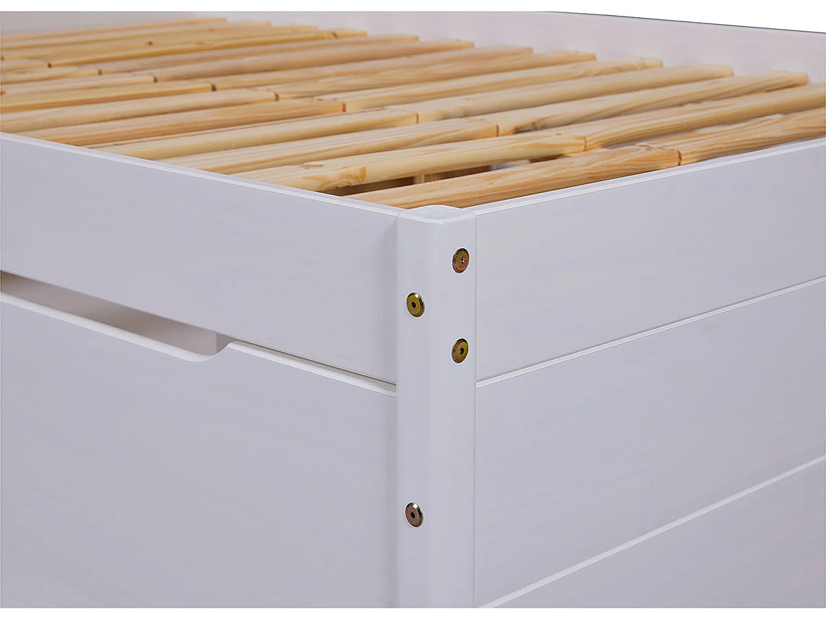 Lit multi-rangements 140x200cm en pin massif coloris blanc - longueur 209 x profondeur 146 x hauteur 90 cm