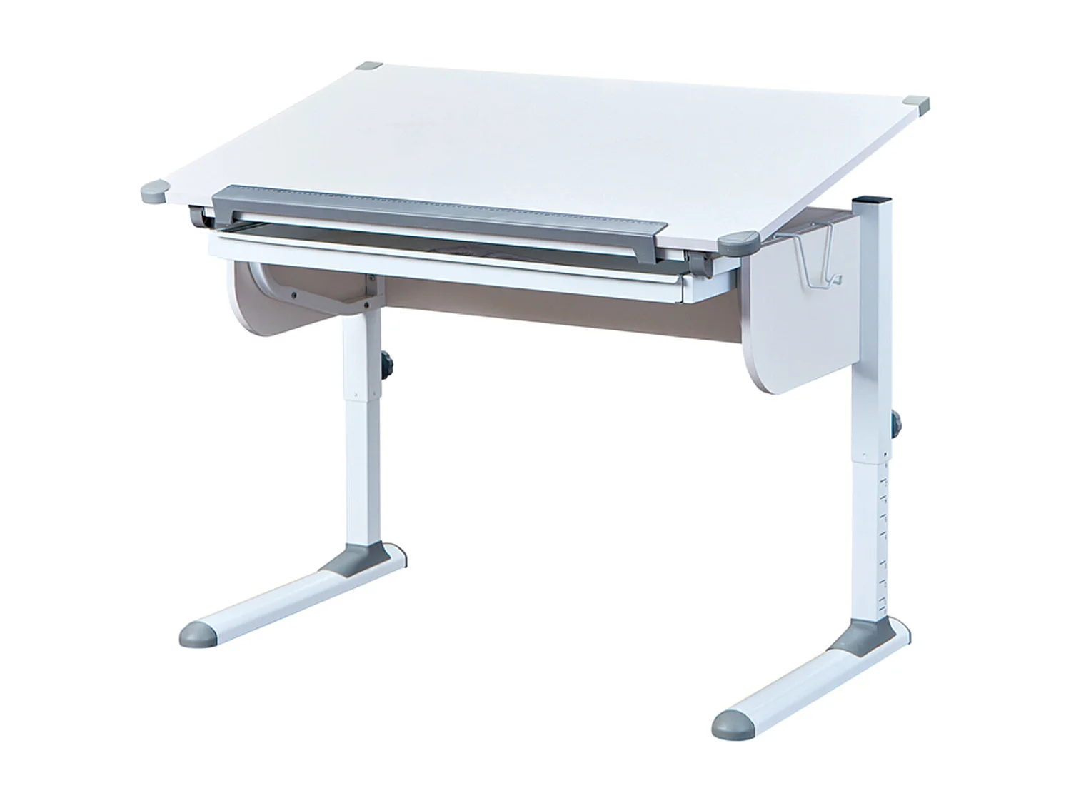 Bureau inclinable 1 tiroir bois laqué blanc et gris - Dim : L 110 x H 55-78 x P 68 cm