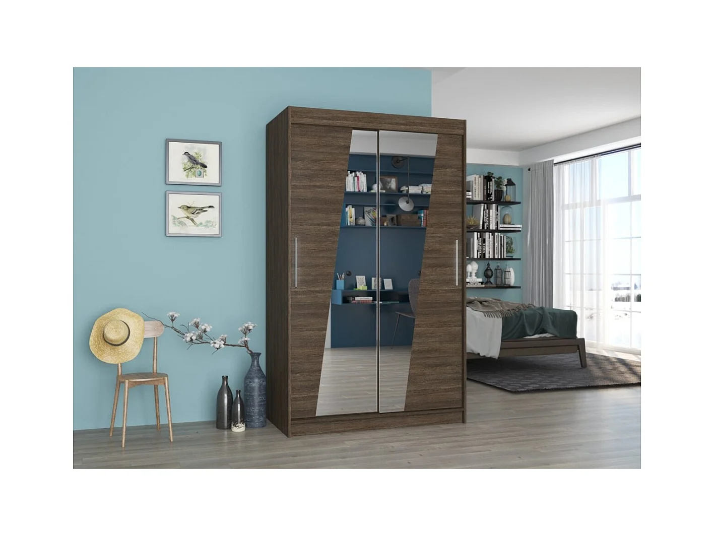 Armadio Lexas (120cm)/ante scorrevoli/specchio/Marrone