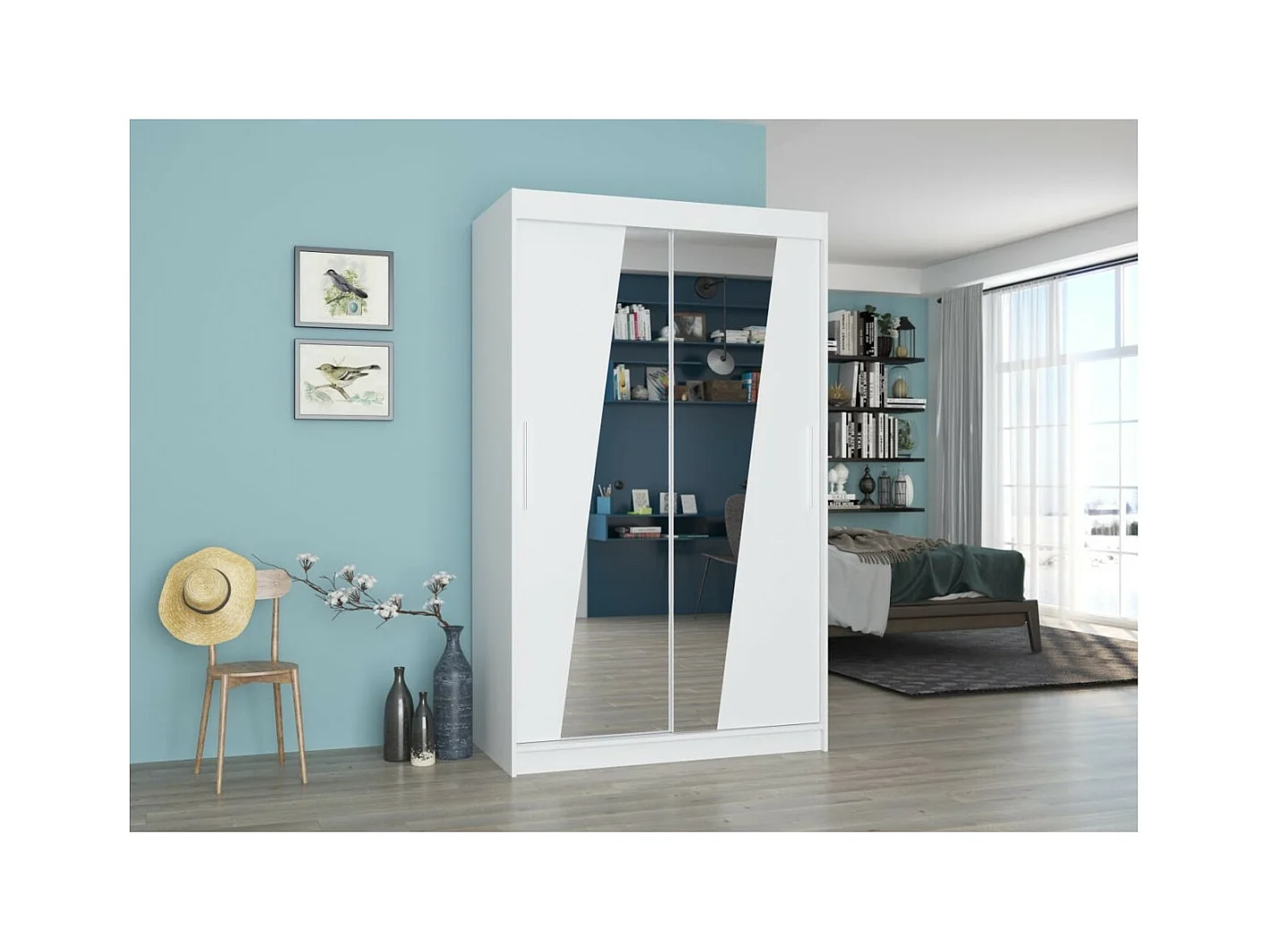 Armadio Lexas (120cm)/ante scorrevoli/specchio/Bianco