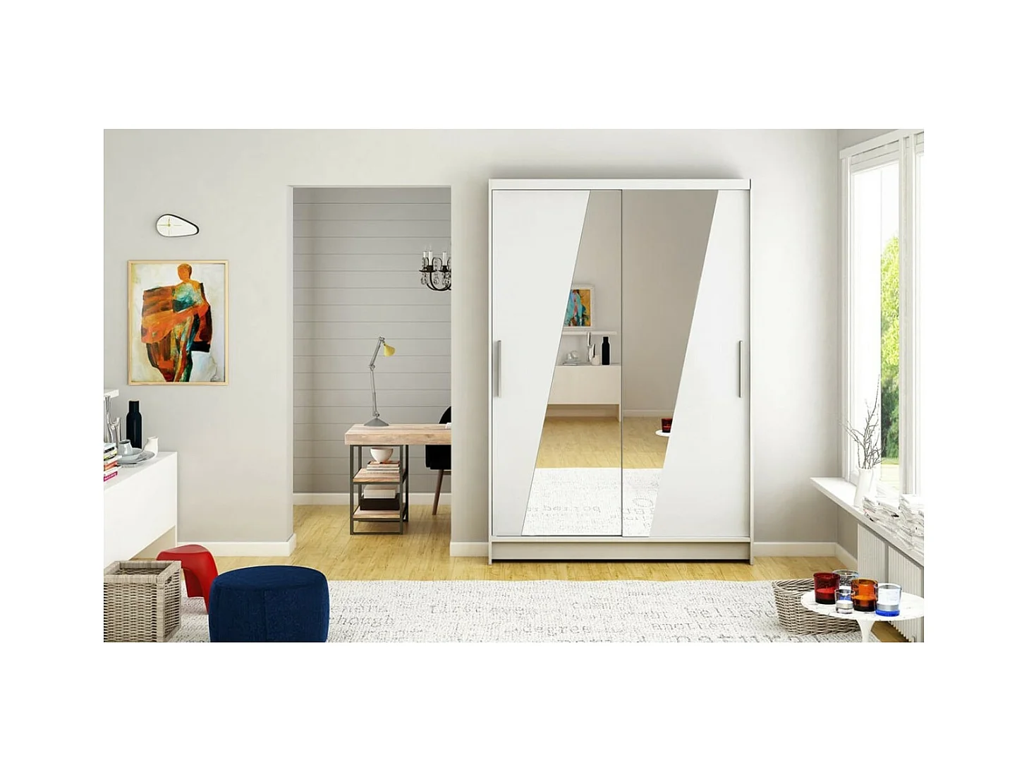 Armadio Lexas (120cm)/ante scorrevoli/specchio/Bianco