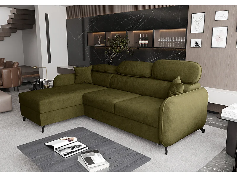 AX LIVING canapé d’angle avec fonction de couchage Ribella 5 forme L 265 cm velours vert olive G