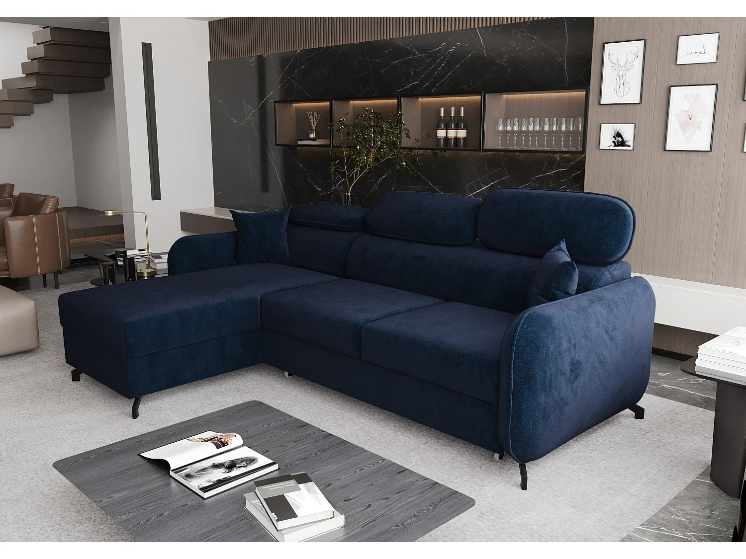 AX LIVING Ecksofa mit Schlaffunktion Ribella 5 L-Form 265 Samt Blau L