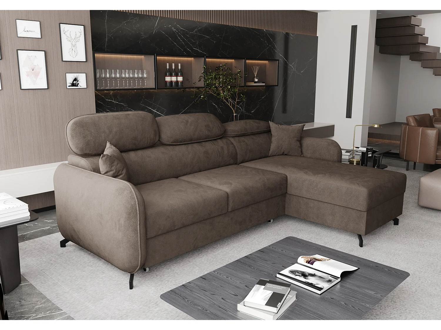 AX LIVING Hoekbank L vorm Ribella 265 cm in Bruin met Slaapfunctie R