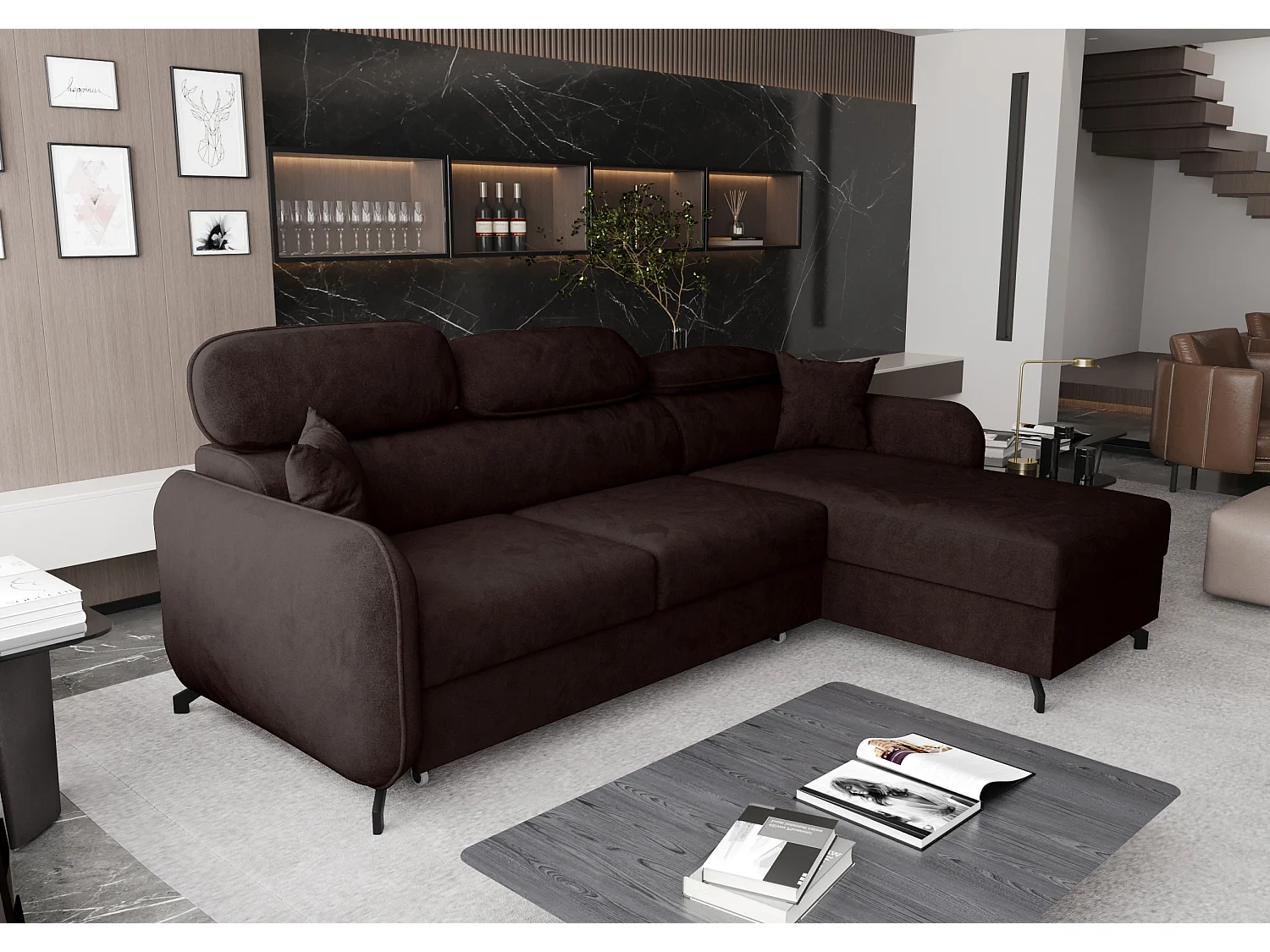 AX LIVING Ecksofa Schlaffunktion Ribella 5L 265cm Samt schokobraun R