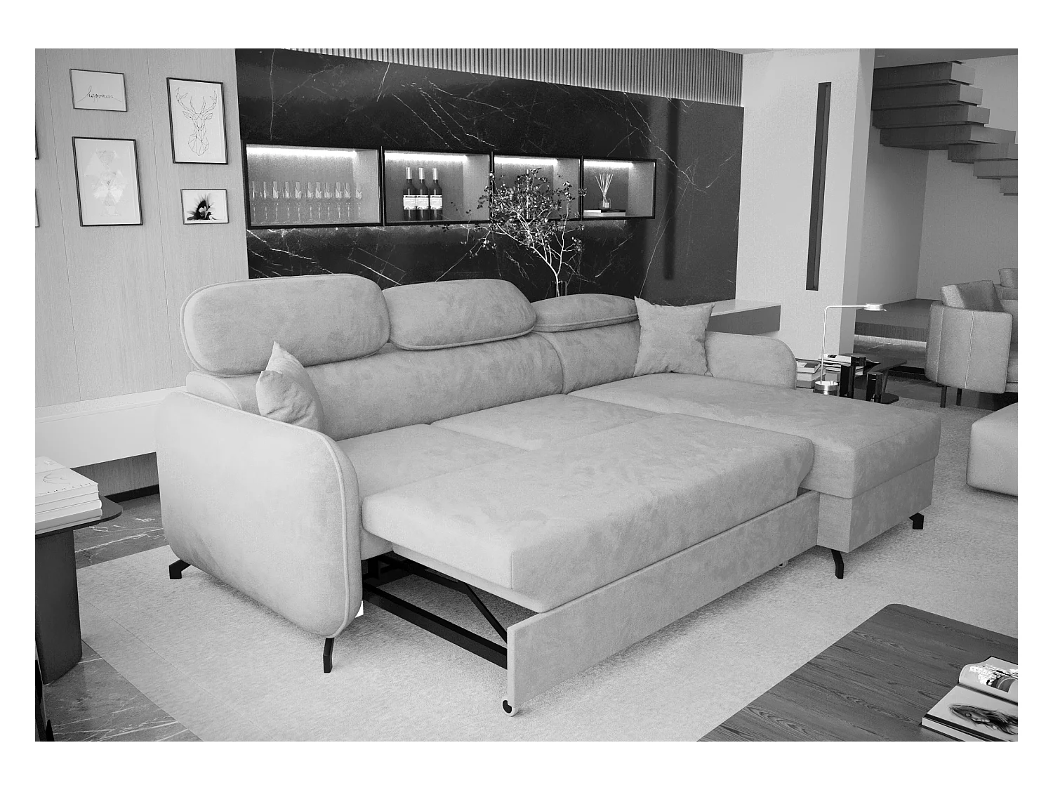 AX LIVING Ecksofa mit Schlaffunktion Ribella 5 L-Form 265 Samt Blau R