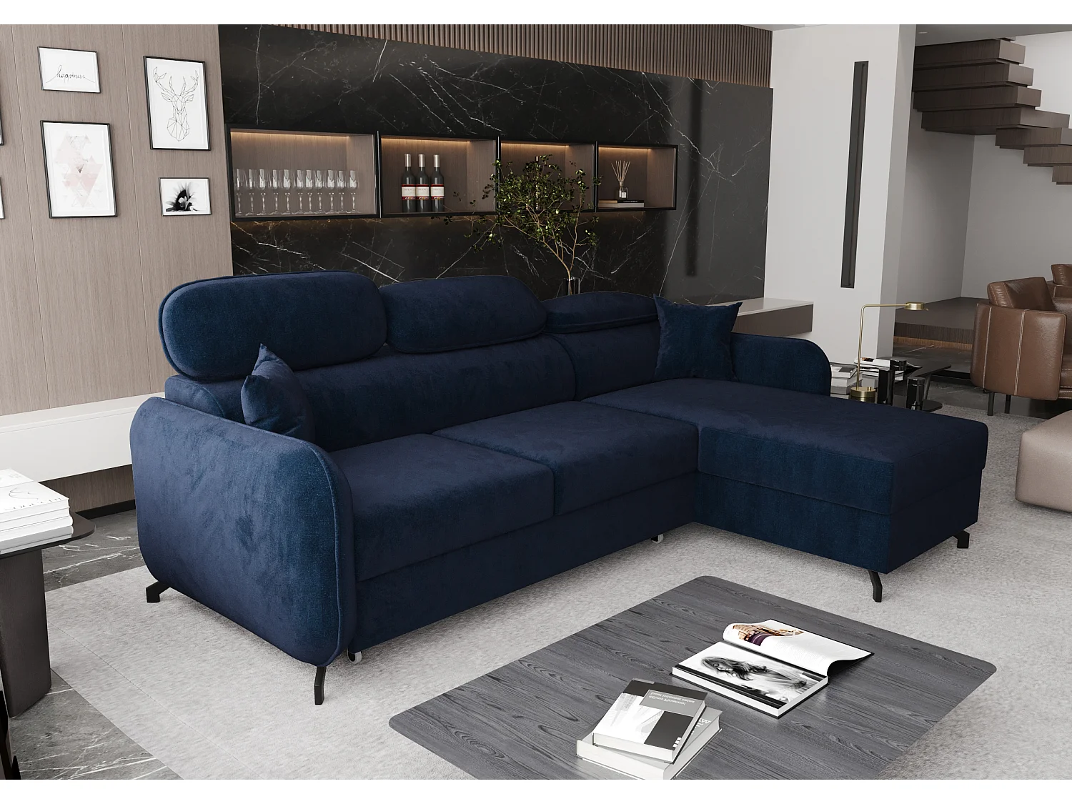 AX LIVING Hoekbank L vorm Ribella 265cm in Marineblauw Bedfunctie R