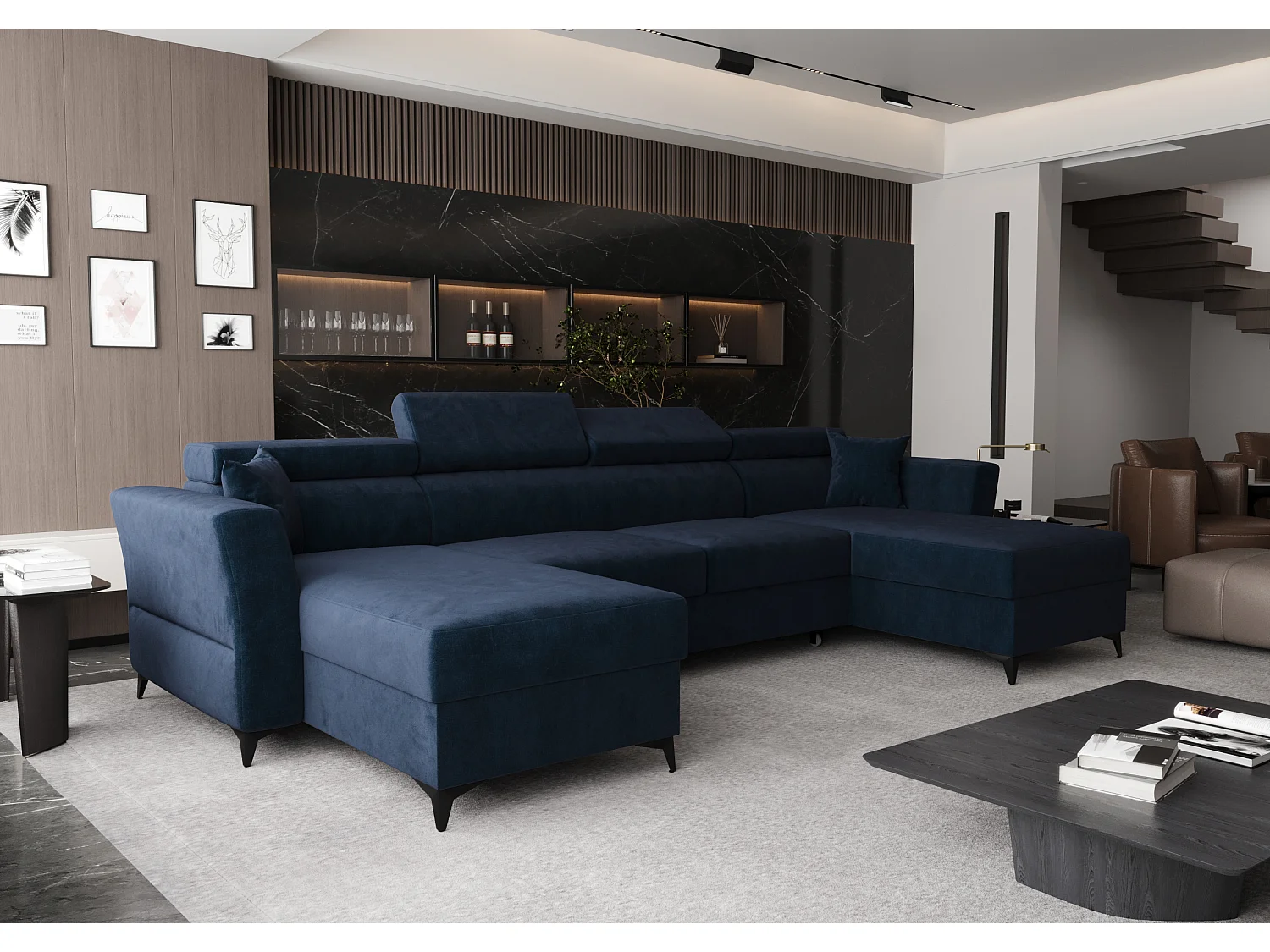 AX LIVING Ecksofa klein mit Schlaffunktion Ribella 345 cm Blau U-Form