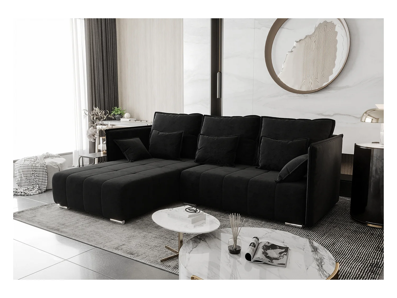 AX LIVING Schwarz Ecksofa mit Schlaffunktion Florinna 248cm L-Form