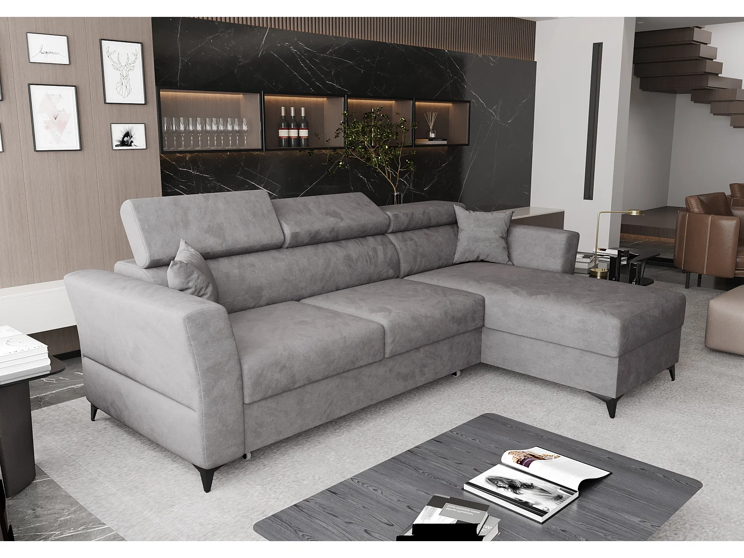 AX LIVING Ecksofa klein mit Schlaffunktion Ribella 265cm grau L-Form R