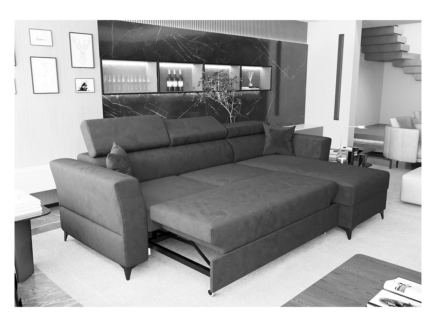 AX LIVING Ecksofa klein mit Schlaffunktion Ribella 265cm grau L-Form R