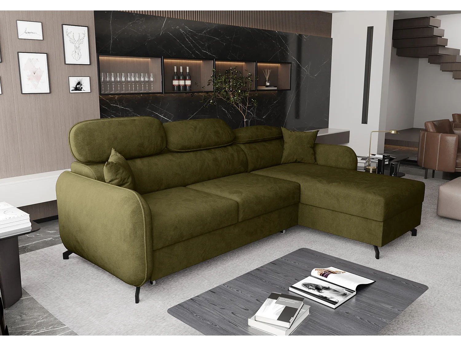AX LIVING Ecksofa Schlaffunktion Ribella 5L-Form 265cm Samt Olivgrün R