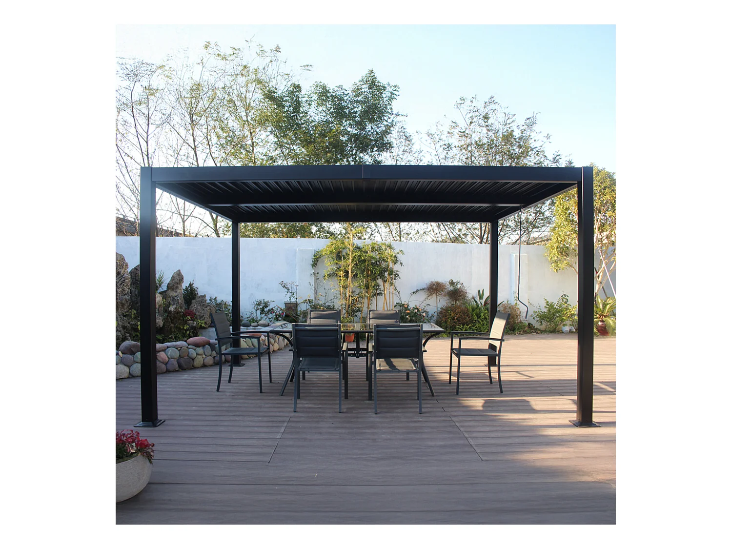 Bioklimatologische pergola 4x3m in antraciet grijs aluminium met verstelbare lamellen HYDRA