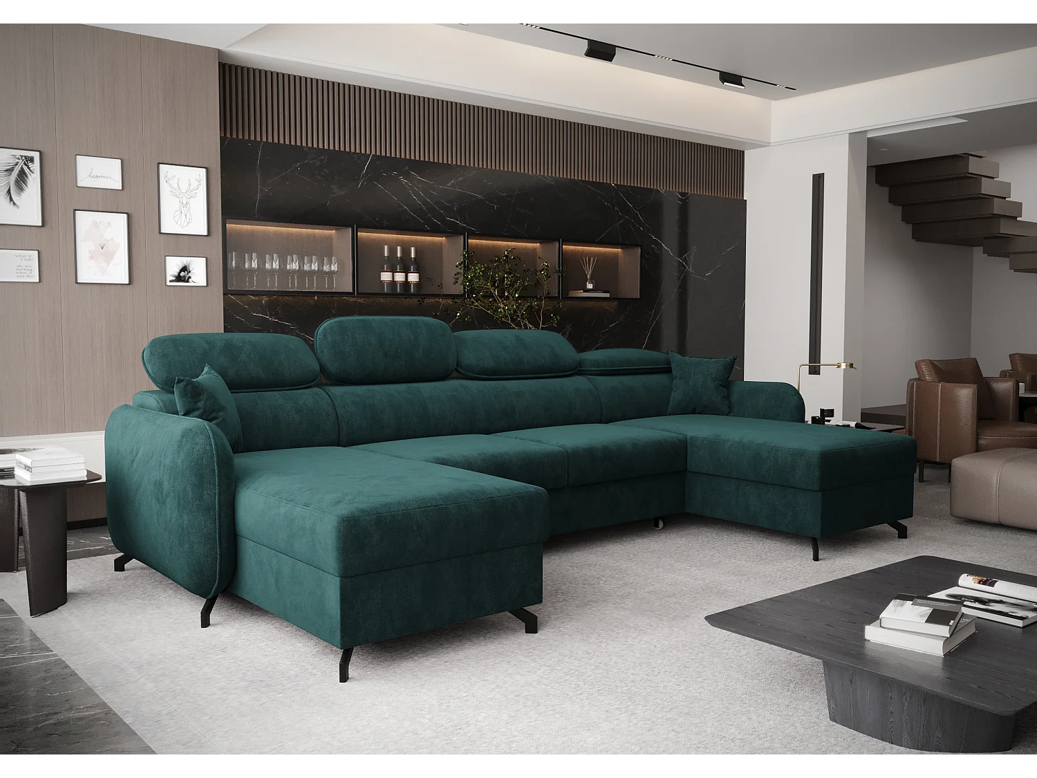 AX LIVING Hoekbank U vorm Ribella 345 cm in Turkoois met Bedfunctie