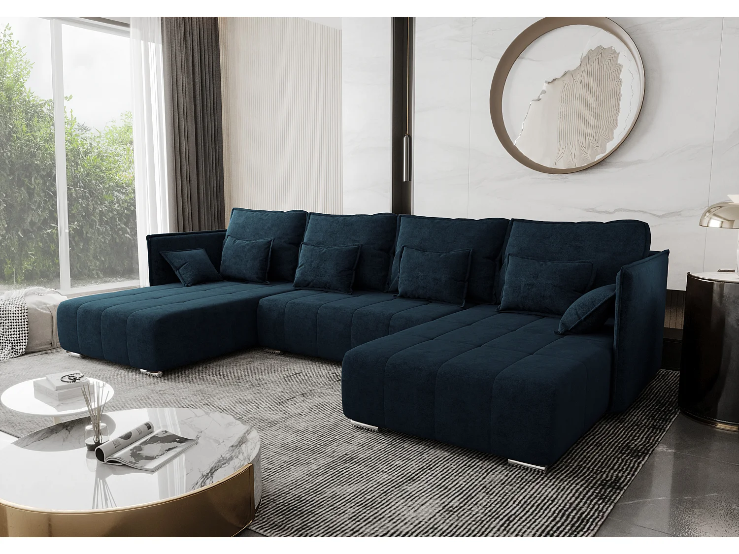 AX LIVING u vorm bank Florinna 345 cm – blauw met bed en opberging