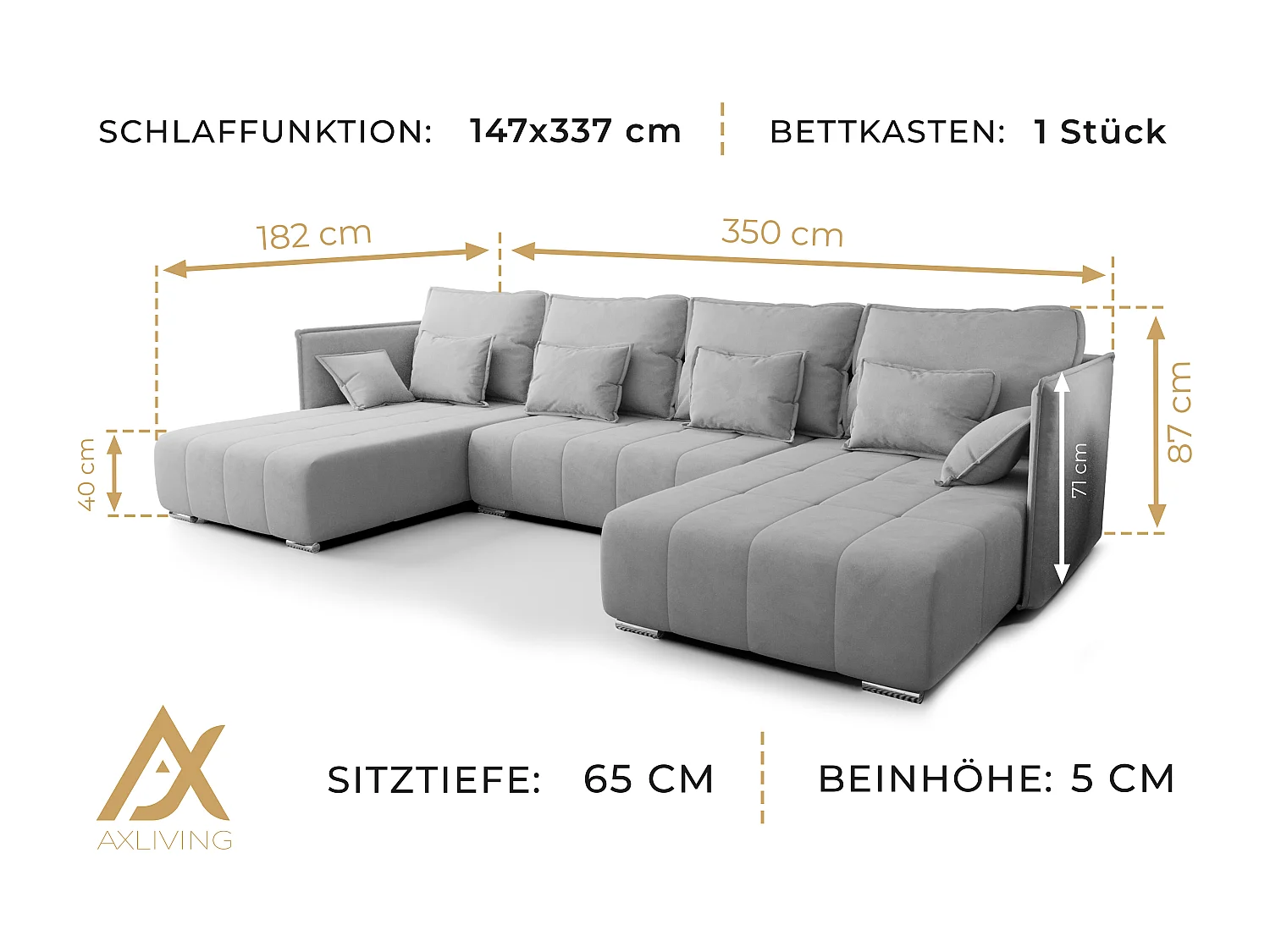 AX LIVING u vorm bank Florinna 345 cm – blauw met bed en opberging