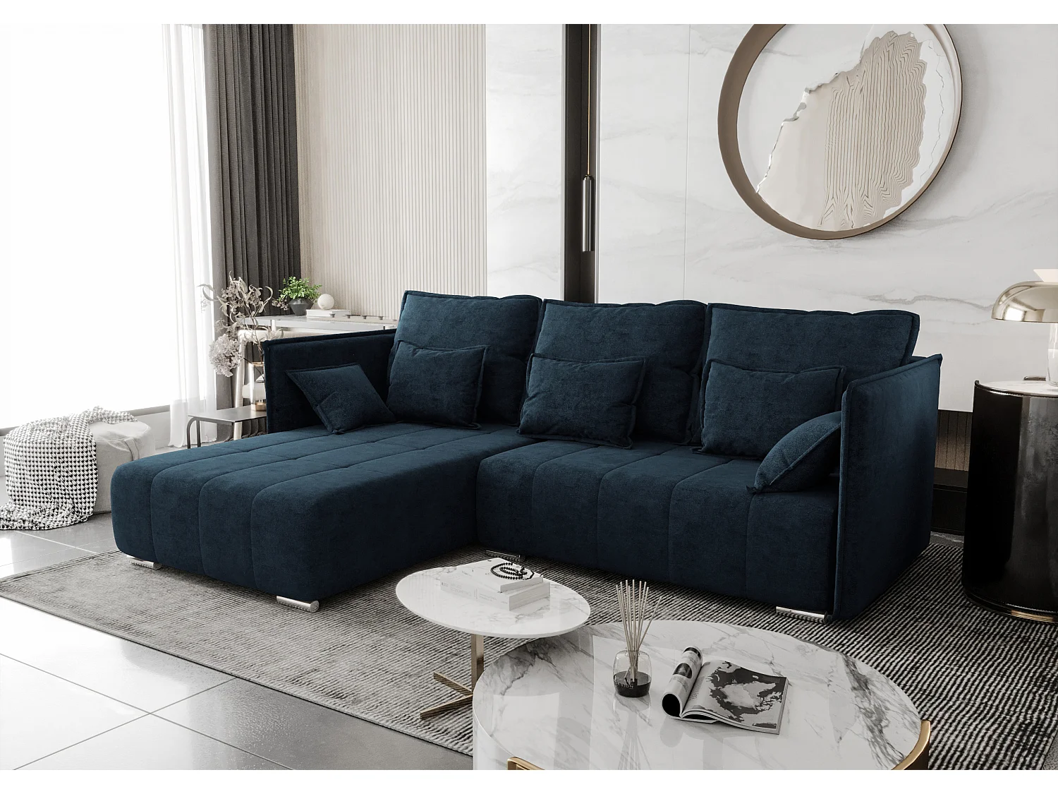 AX LIVING Blau Ecksofa mit Schlaffunktion Florinna 248cm L-Form