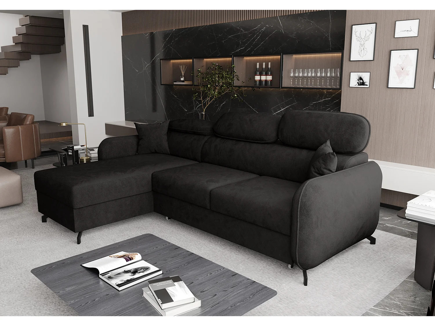 AX LIVING Ecksofa mit Schlaffunktion Ribella 5L-Form 265 Samt Grafit L