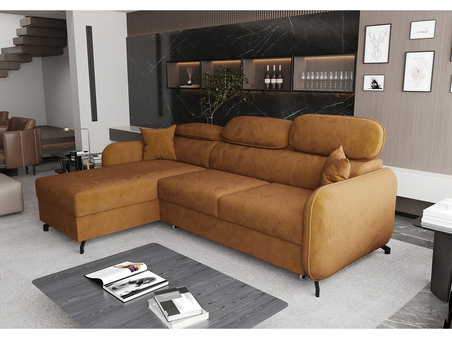 AX LIVING Hoekbank L vorm Ribella 265 cm in Amber met Slaapfunctie L