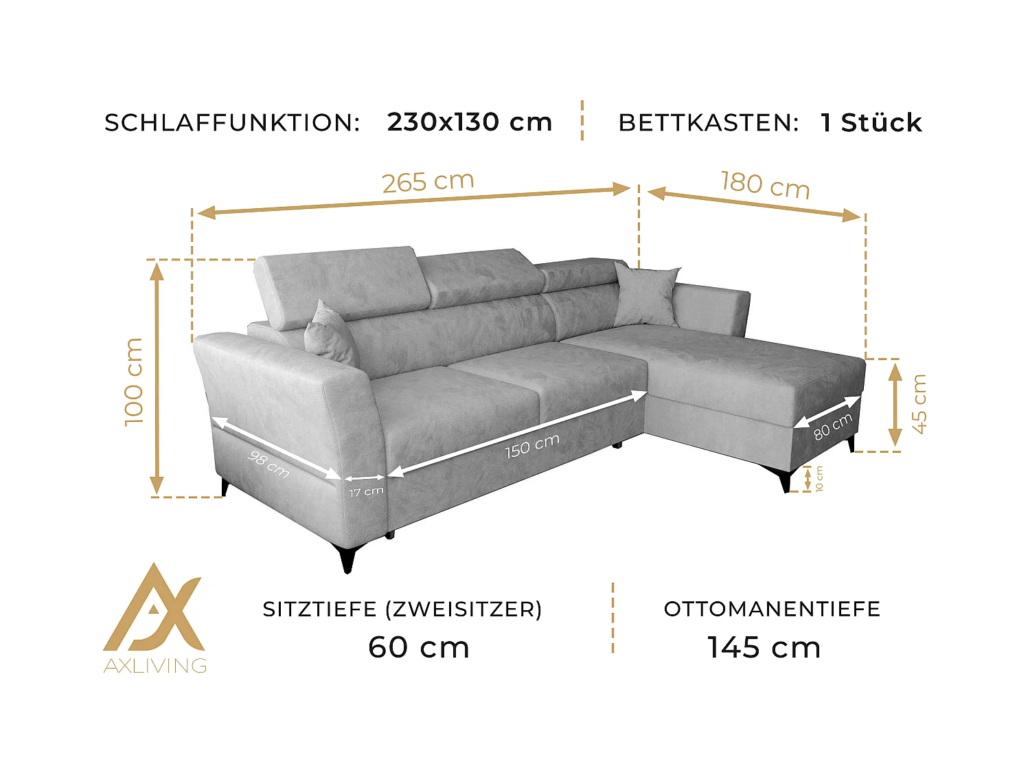 AX LIVING Ecksofa klein mit Schlaffunktion Ribella – 265 cm, Blau L