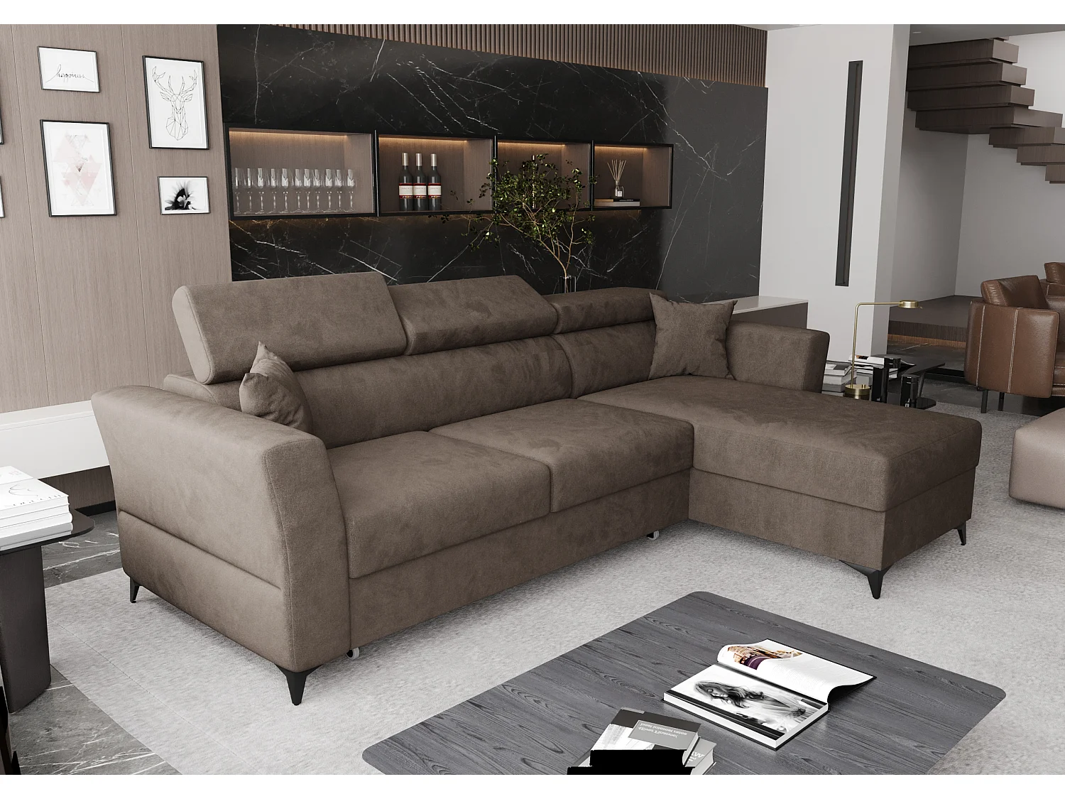 AX LIVING Hoekbank Ribella 265 cm bruin met slaapfunctie & opberging R