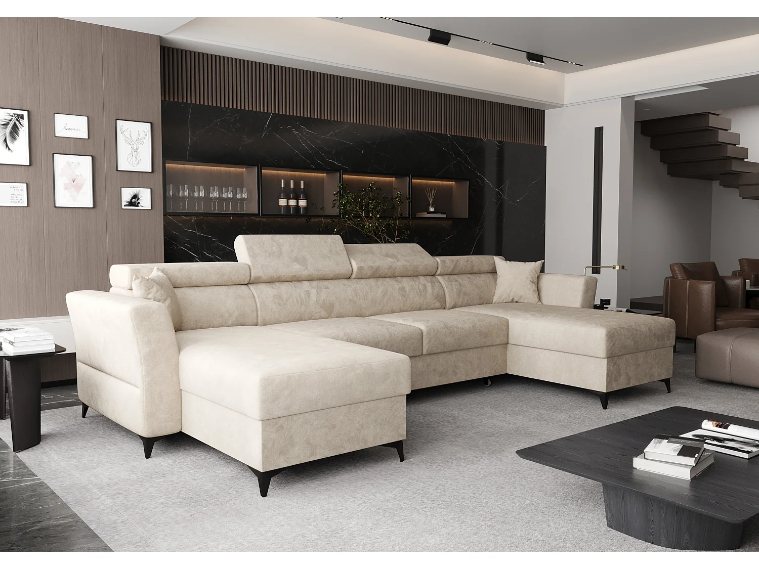 AX LIVING Ecksofa klein mit Schlaffunktion Ribella 345 cm Creme U-Form