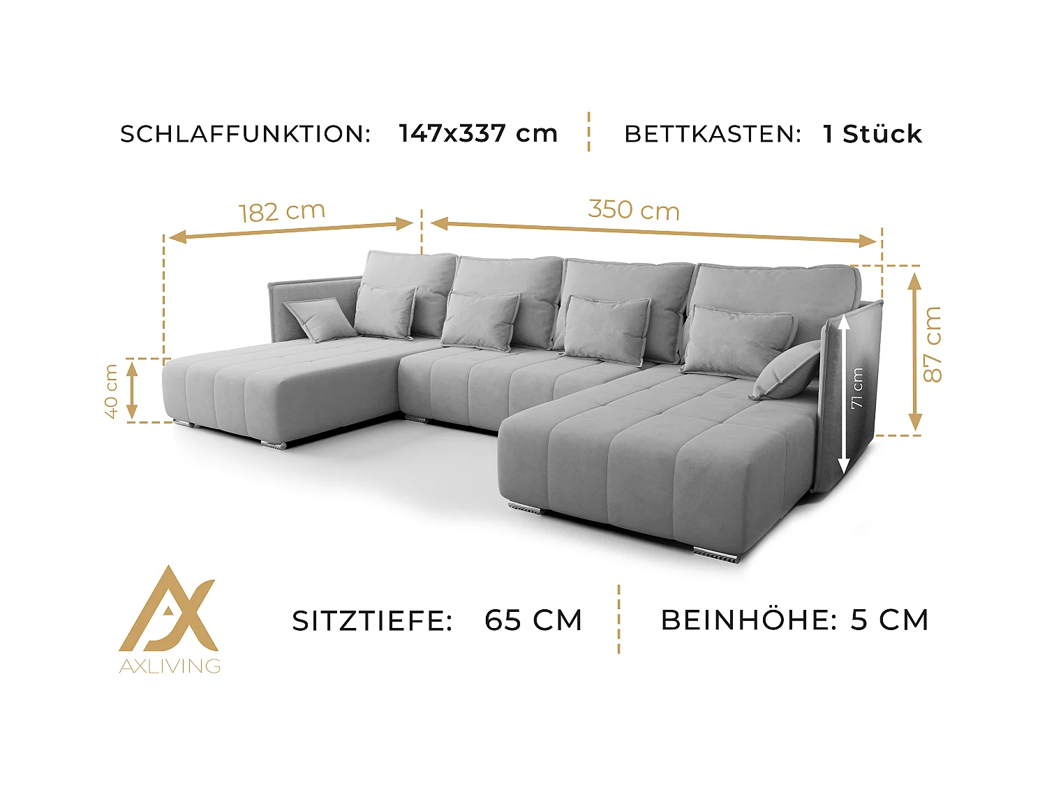 AX LIVING U Form Sofa mit Schlaffunktion Florinna HellBraun 345cm
