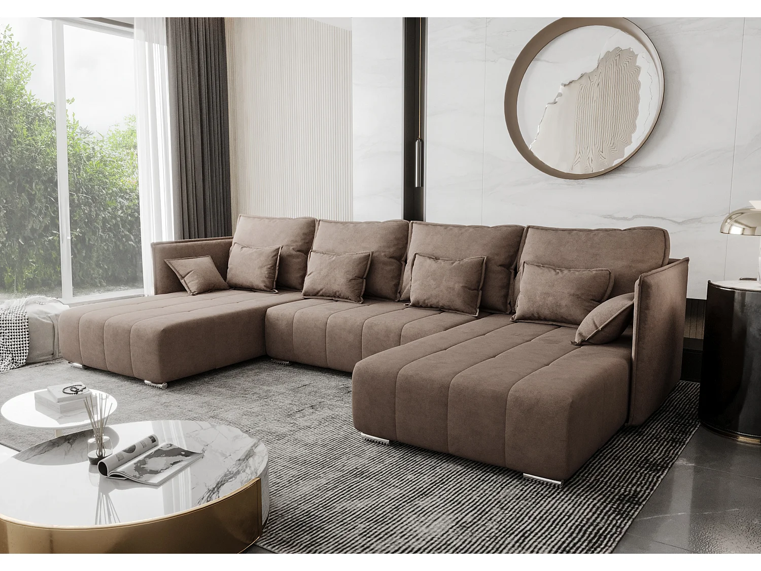 AX LIVING u vorm bank Florinna 345 cm – lichtbruin met bedfunctie