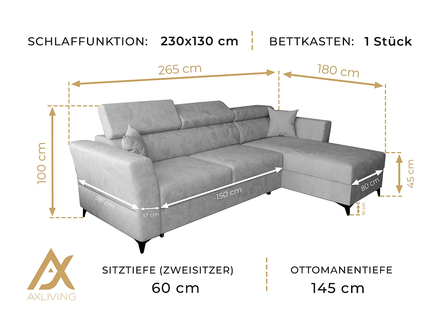 AX LIVING Hoekbank Ribella L 265 cm – amber met slaapfunctie R