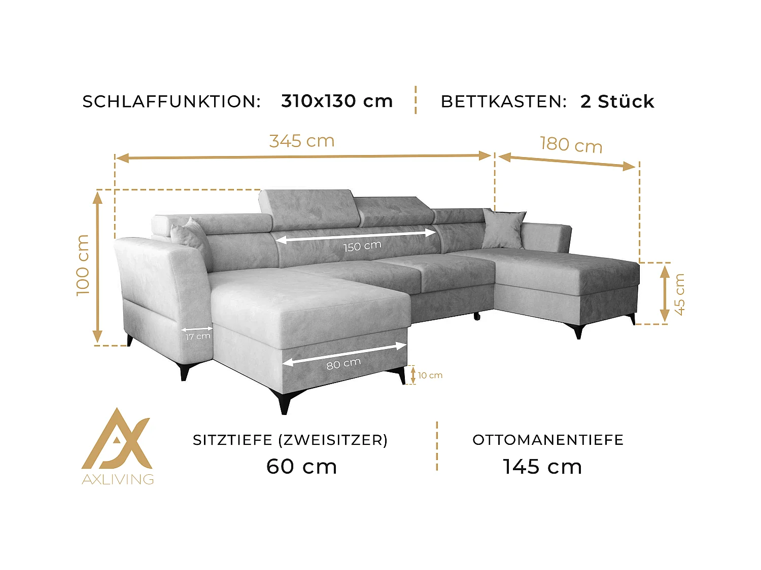 AX LIVING Ecksofa klein mit Schlaffunktion Ribella 345cm Türkis U-Form