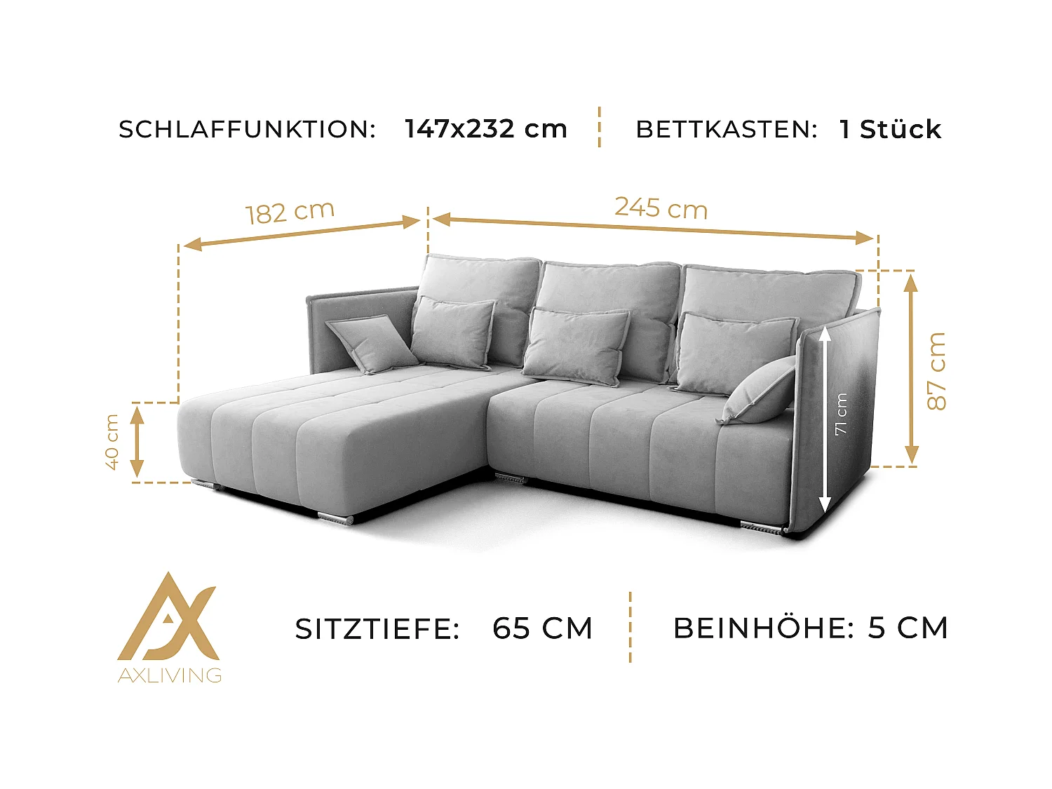 AX LIVING Gelb Ecksofa mit Schlaffunktion Florinna 248cm L-Form