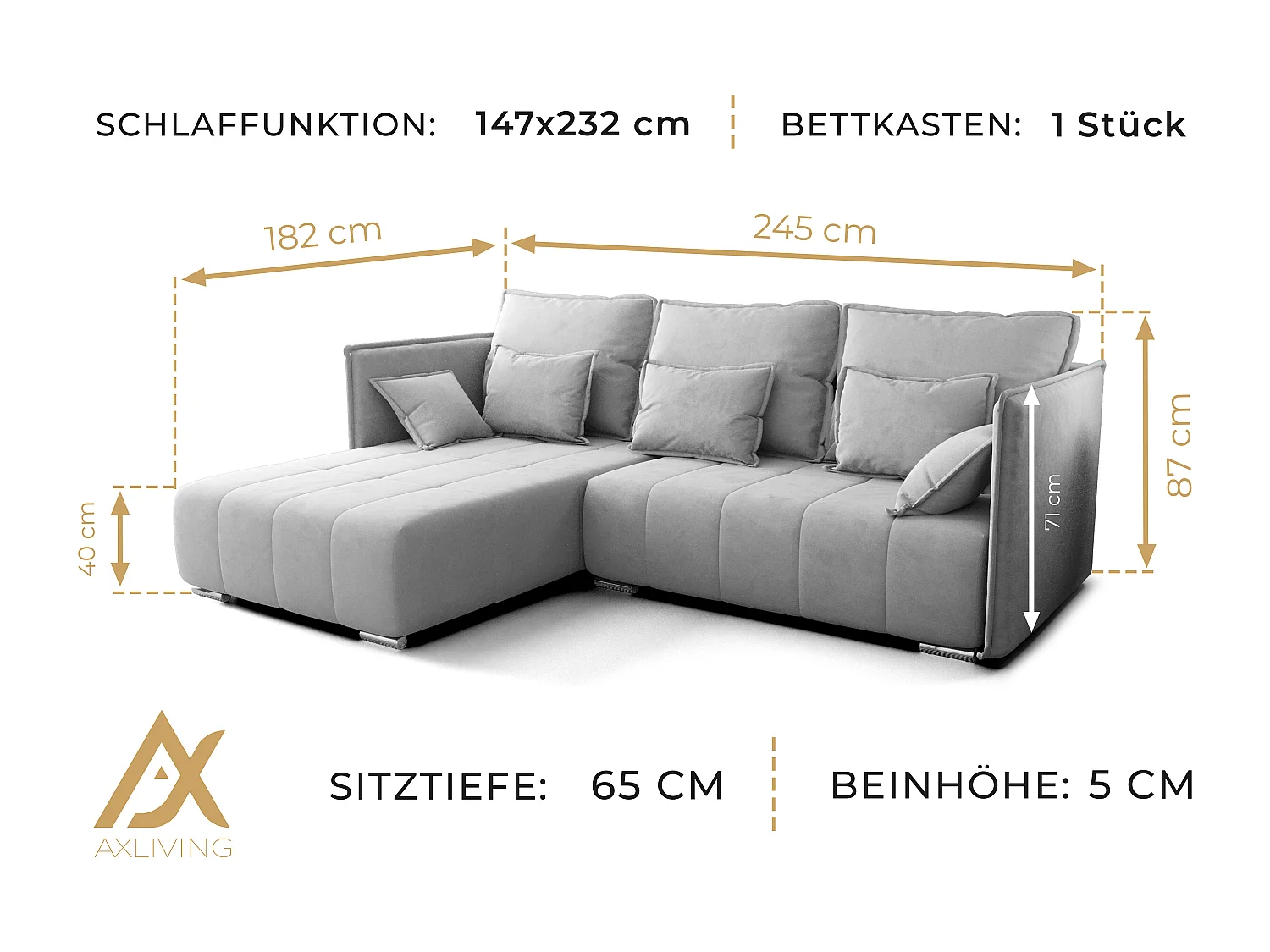 AX LIVING Gelb Ecksofa mit Schlaffunktion Florinna 248cm L-Form
