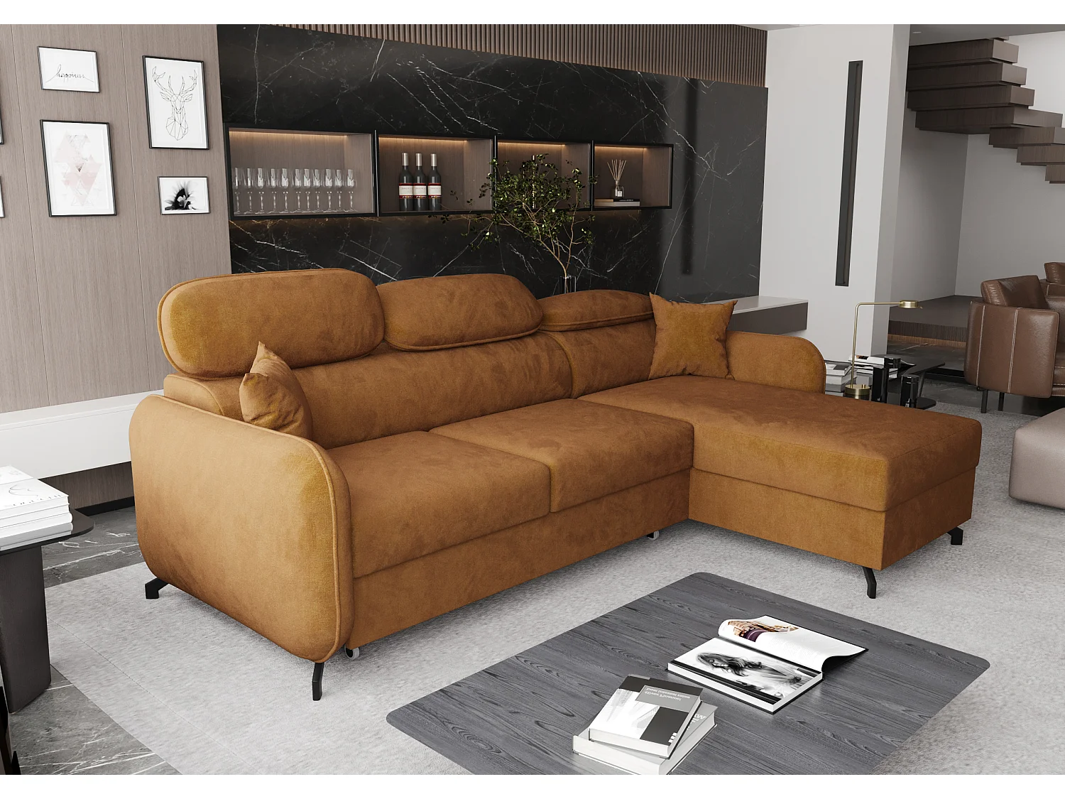AX LIVING Ecksofa Schlaffunktion Ribella 5L-Form 265cm Samt Bernstein R