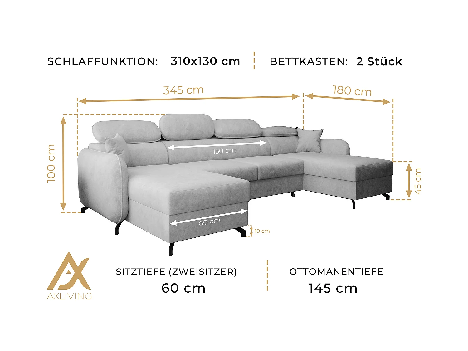 AX LIVING Ecksofa mit Schlaffunktion Ribella 5 345cm Grau U Bettkasten