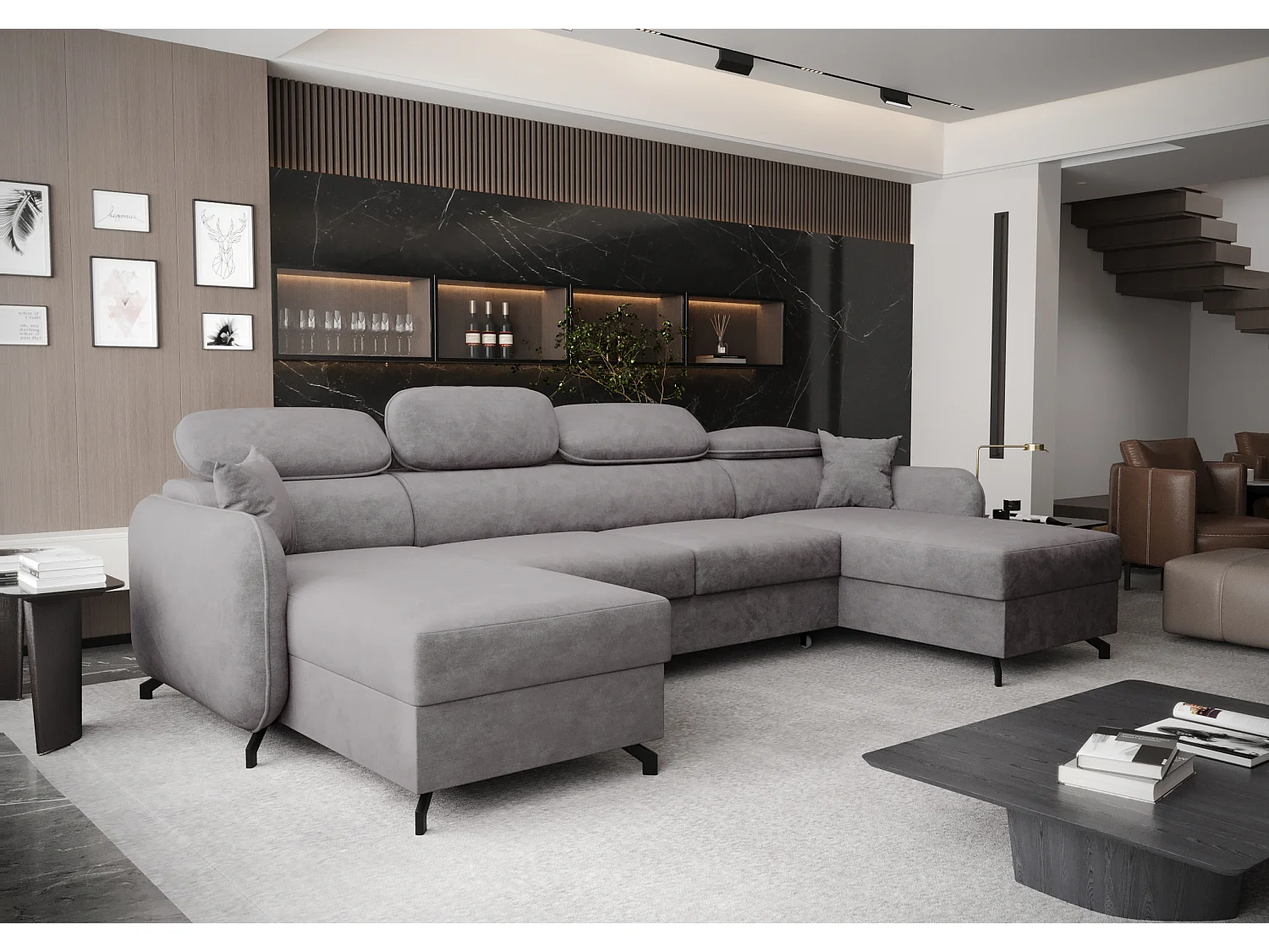 AX LIVING Ecksofa mit Schlaffunktion Ribella 5 345cm Grau U Bettkasten