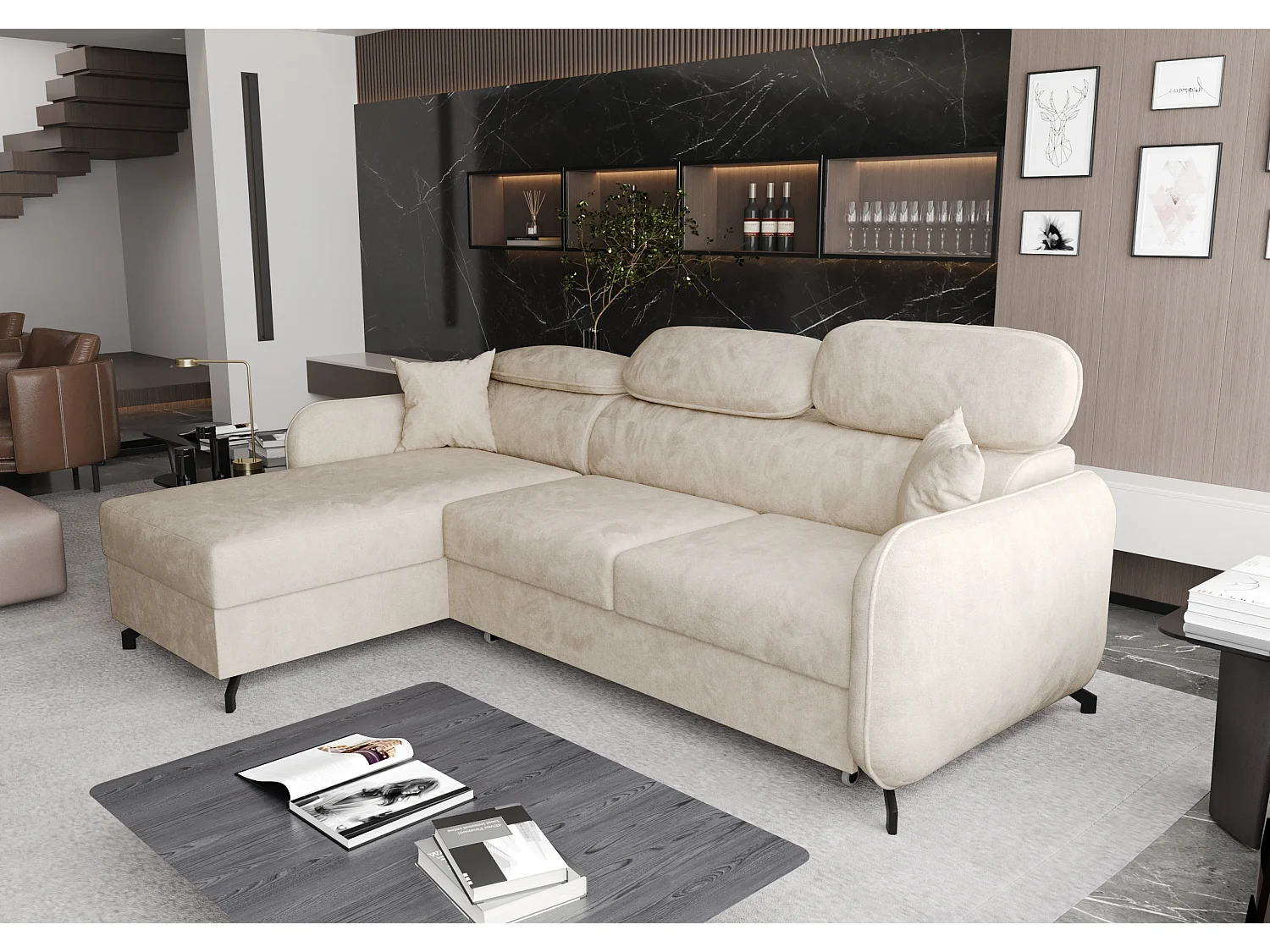 AX LIVING Hoekbank L vorm Ribella 265 cm in Beige met Slaapfunctie L