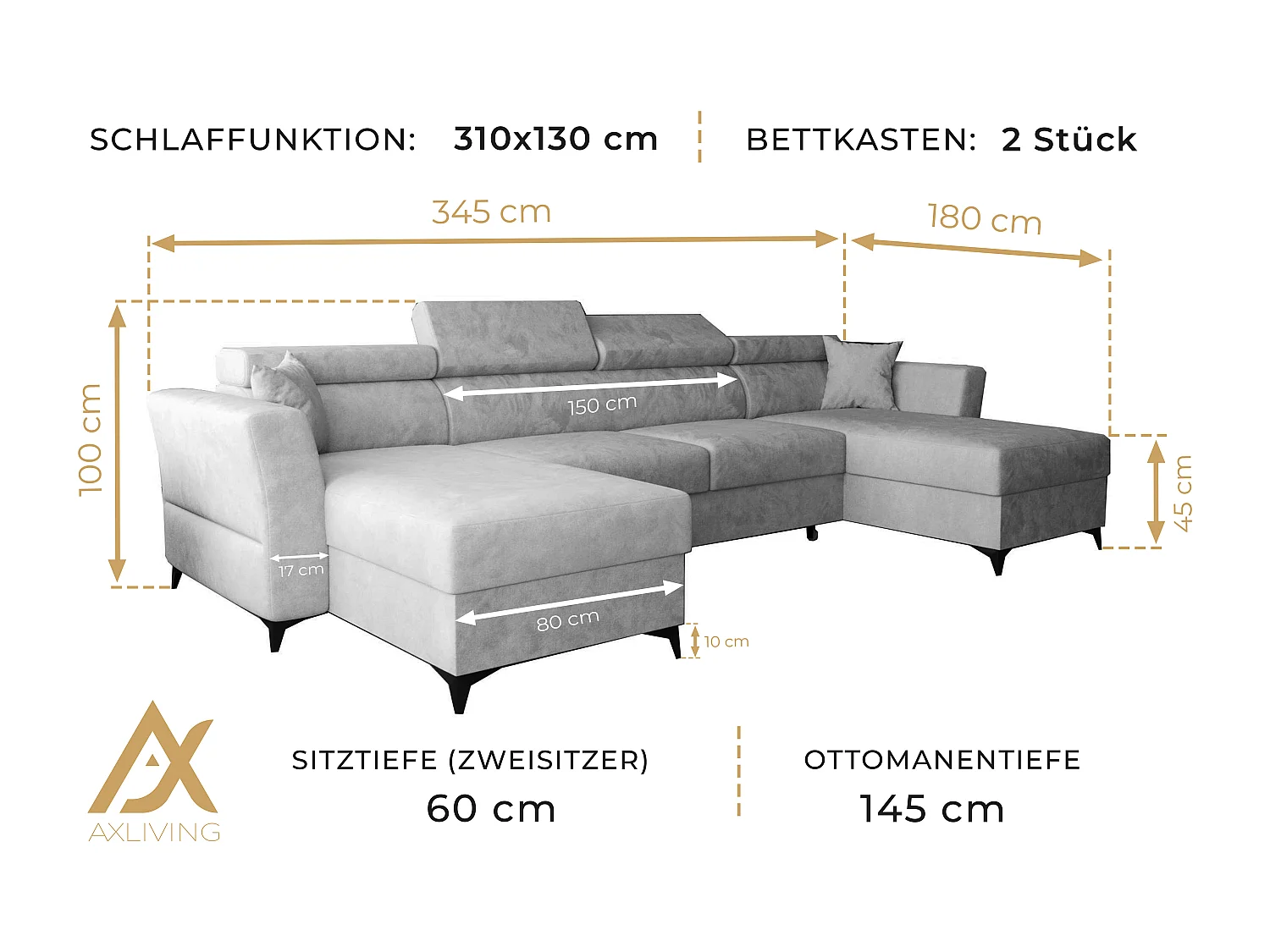 AX LIVING Ecksofa klein Schlaffunktion Ribella 345cm Bernstein U-Form