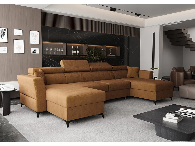 AX LIVING petit canapé d’angle avec fonction de couchage Ribella 345 cm ambre forme U