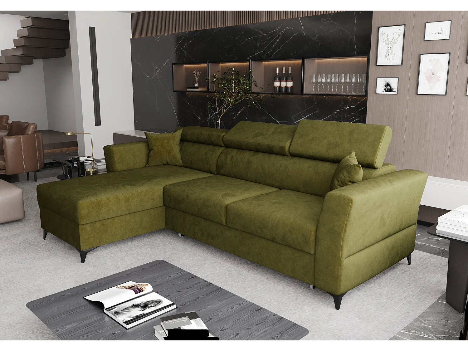 AX LIVING Hoekbank Ribella 265 cm – olijfgroen met slaapfunctie L