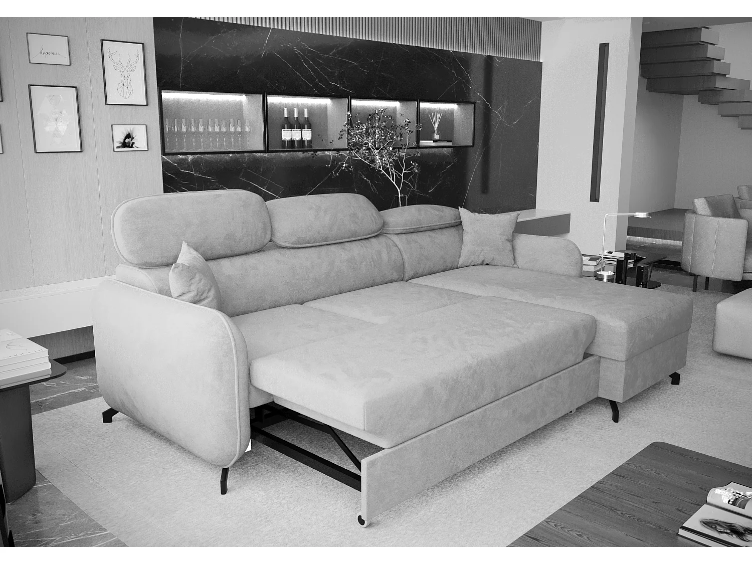 AX LIVING Hoekbank L vorm Ribella 265cm in Azurblauw met Bedfunctie R