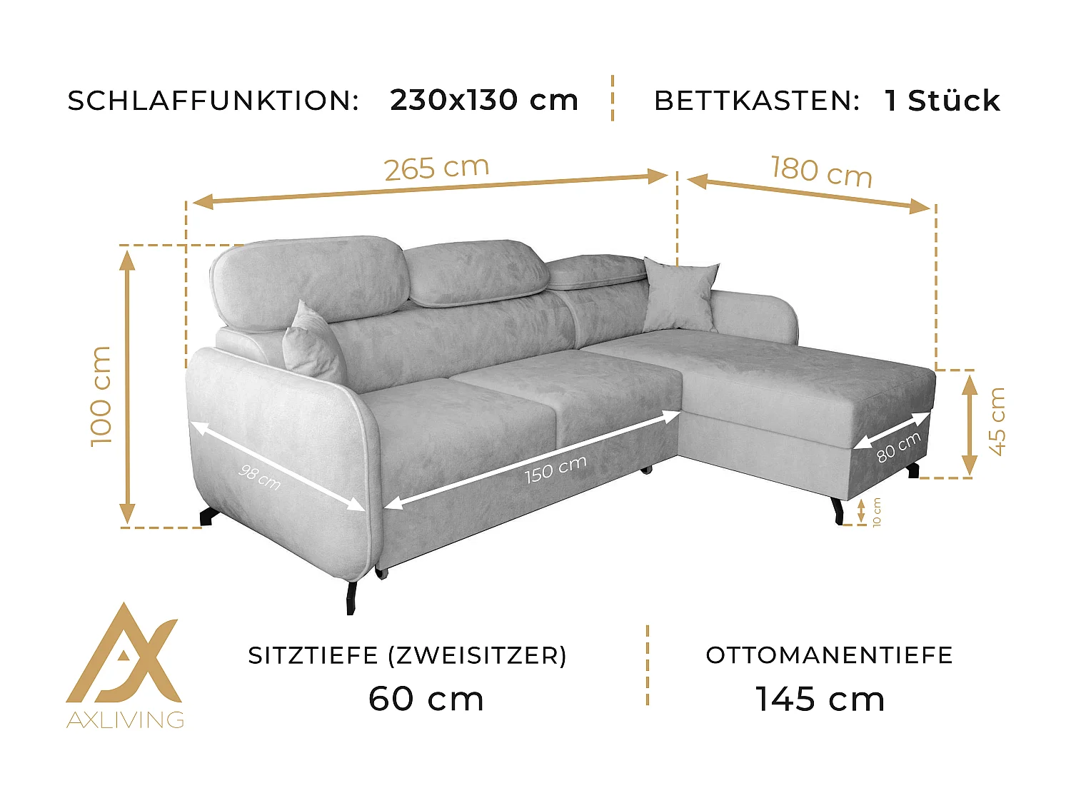 AX LIVING Hoekbank L vorm Ribella 265cm in Azurblauw met Bedfunctie R
