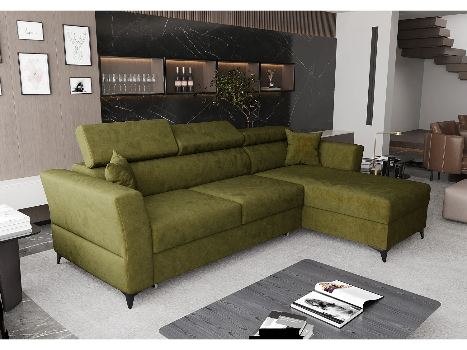 AX LIVING Ecksofa klein mit Schlaffunktion Ribella – 265cm, Olivgrün R