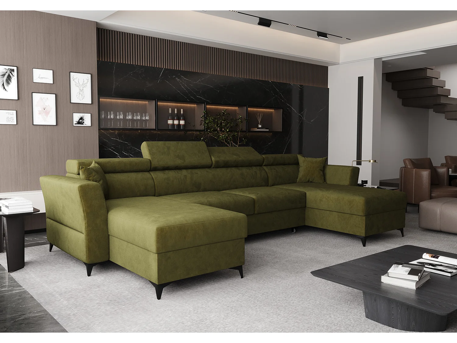 AX LIVING Hoekbank U vorm Ribella 345 cm – olijfgroen met slaapfunctie