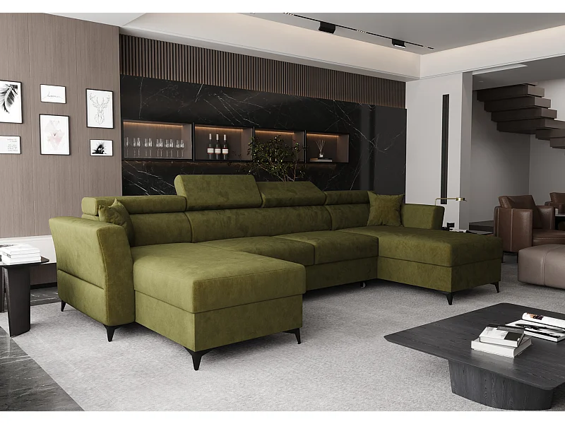 AX LIVING petit canapé d’angle avec fonction de couchage Ribella 345 cm vert olive forme U