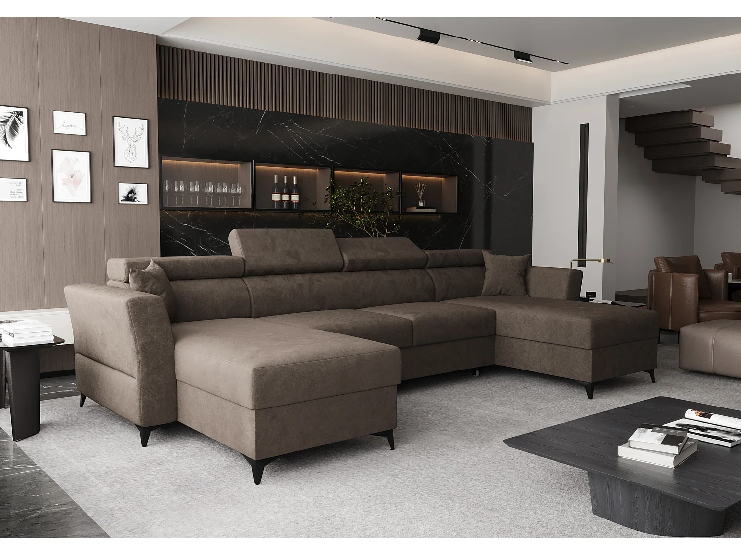 AX LIVING Ecksofa klein mit Schlaffunktion Ribella 345 cm Braun U-Form