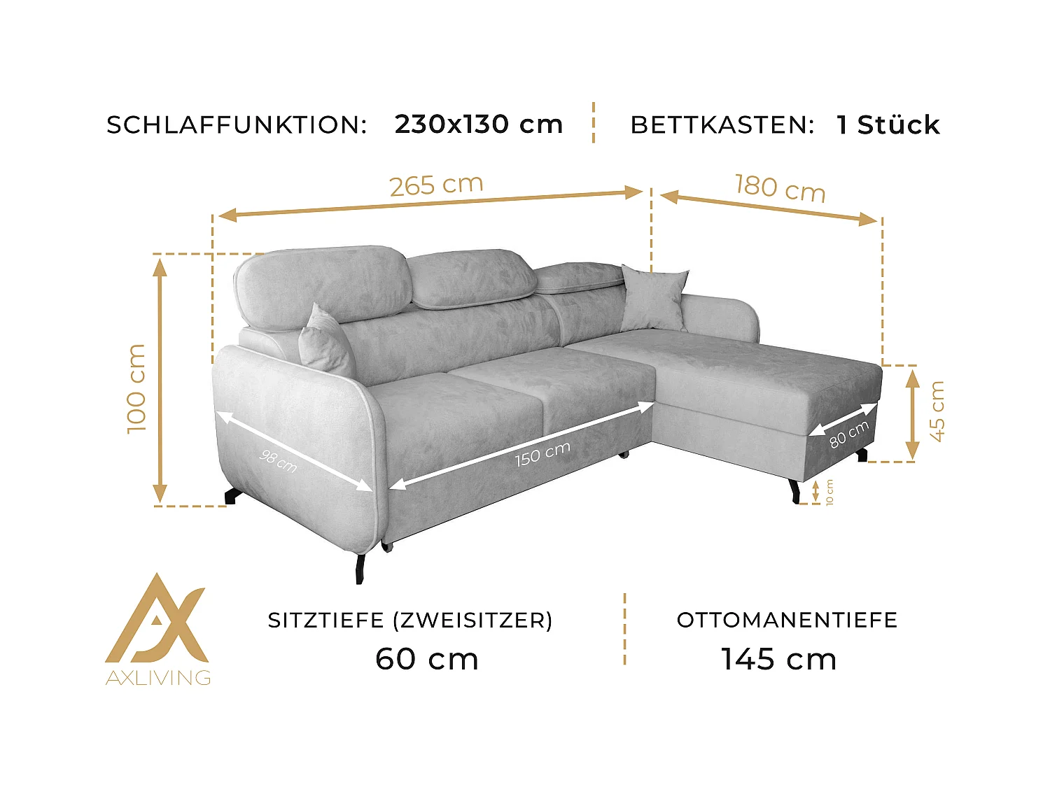 AX LIVING Hoekbank L vorm Ribella 265cm in Chocolade Slaapfunctie L
