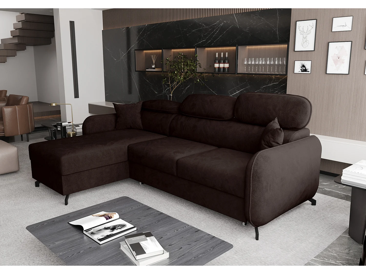AX LIVING Ecksofa Schlaffunktion Ribella 5L 265cm Samt schokobraun L